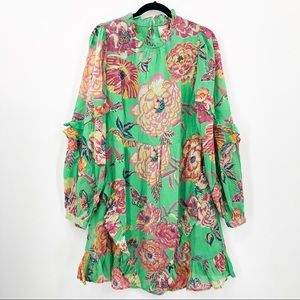 Banjanan Lila Dress In Eliza’s Rose Garden Island Green Mini Long Sleeve Floral